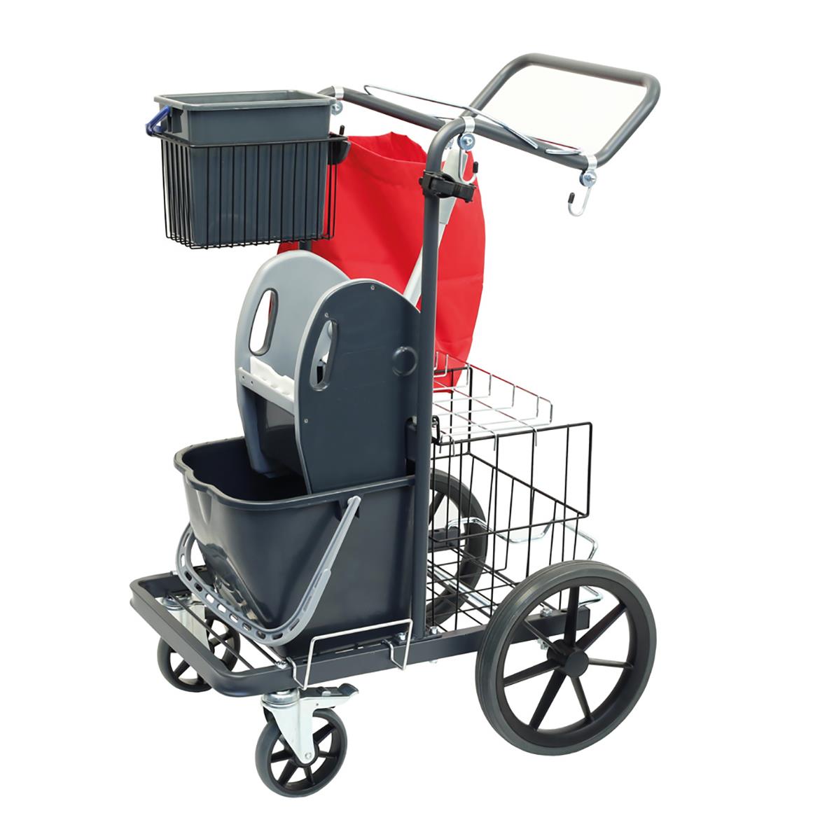Städvagn med korg, påse och fack för städutrustning