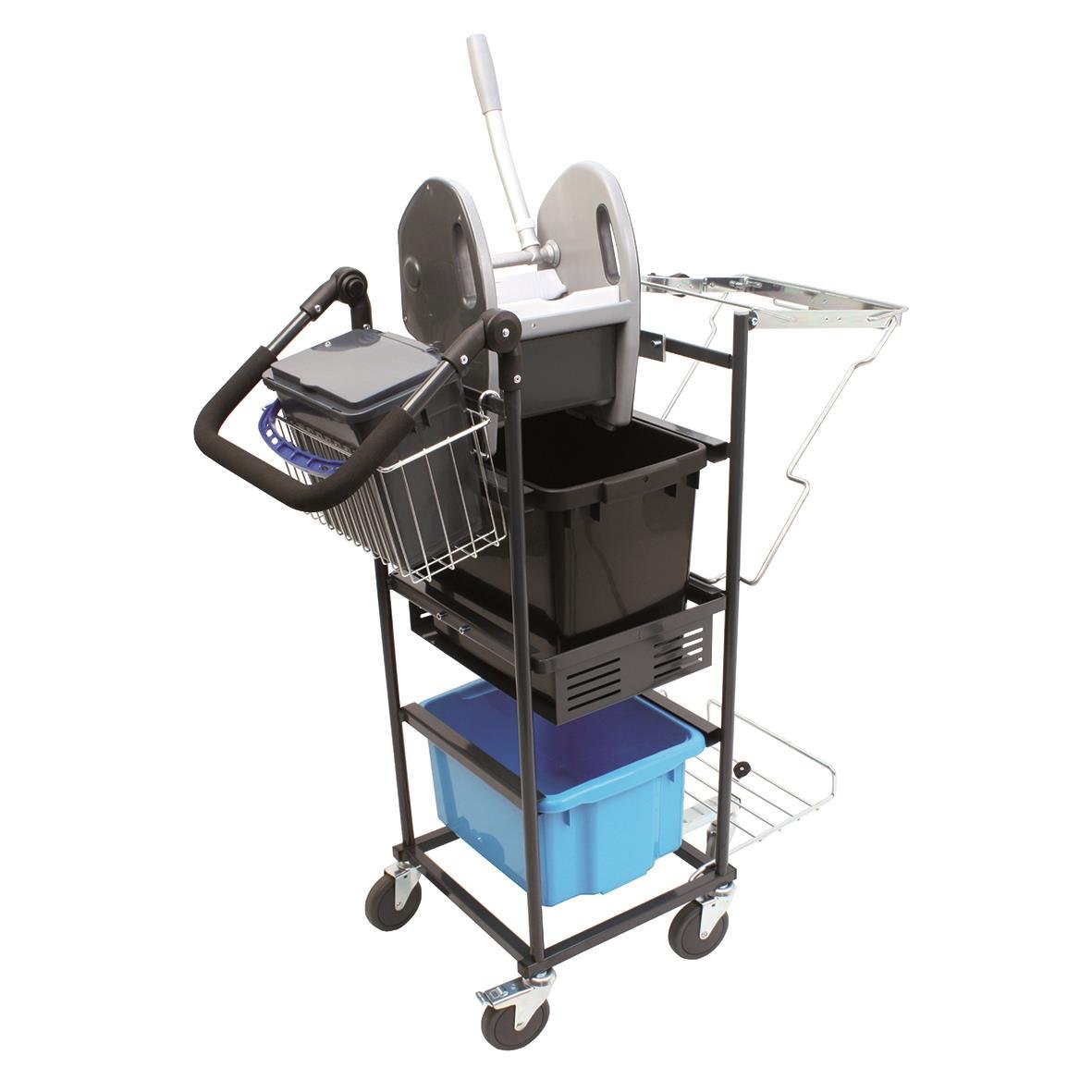 Städvagn med mopphållare, korg, behållare och arbetsyta för våtrengöring