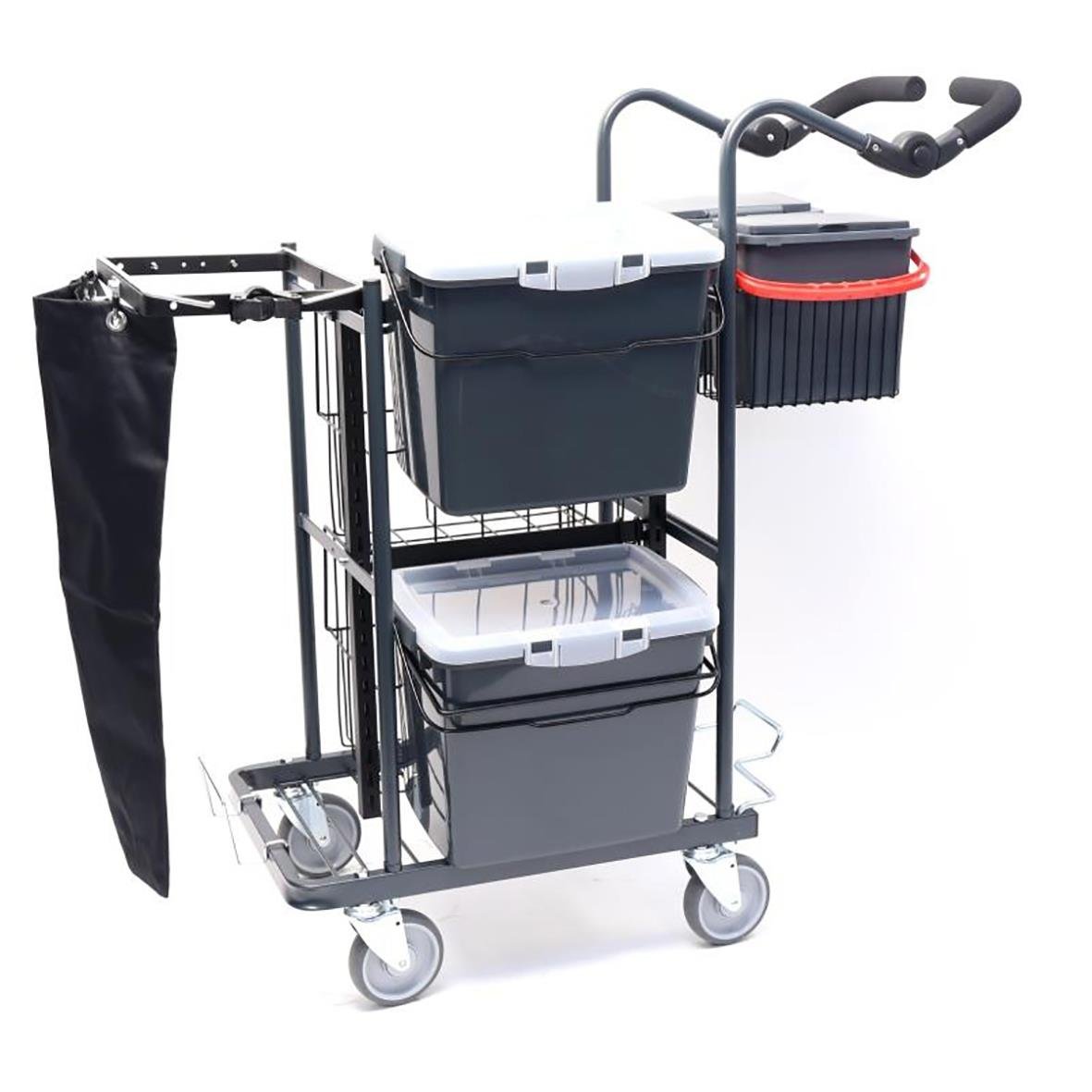 Städvagn med tre behållare, handtag och fäste för trasor