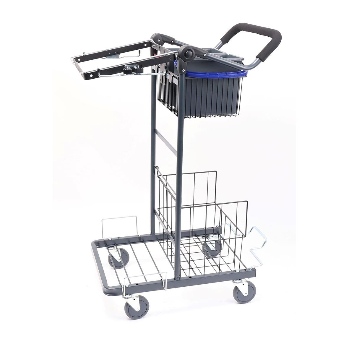 Liten komplett städvagn med handtag, korgar och hjul