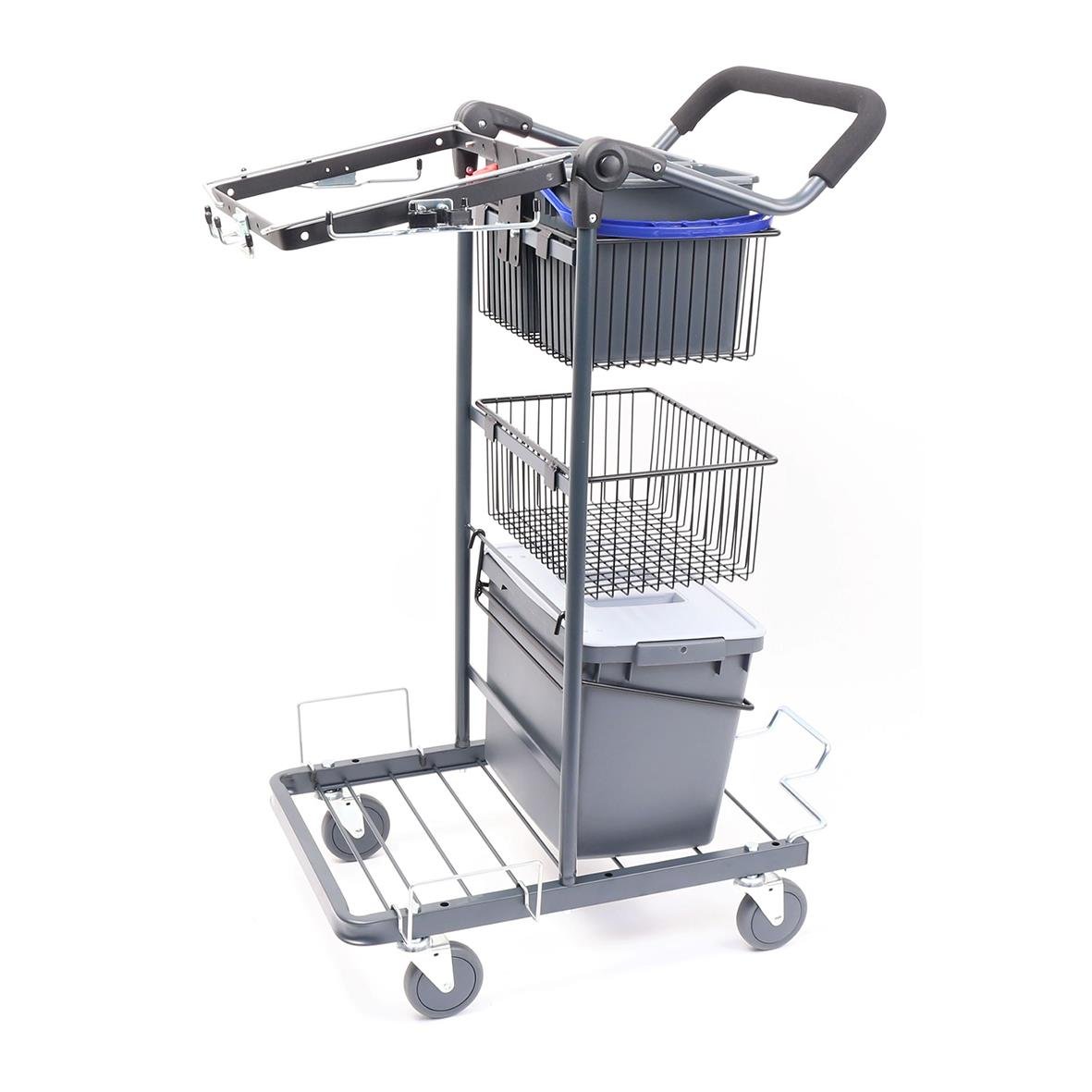 Städvagn med handtag, korgar, lådor och fötter för städning