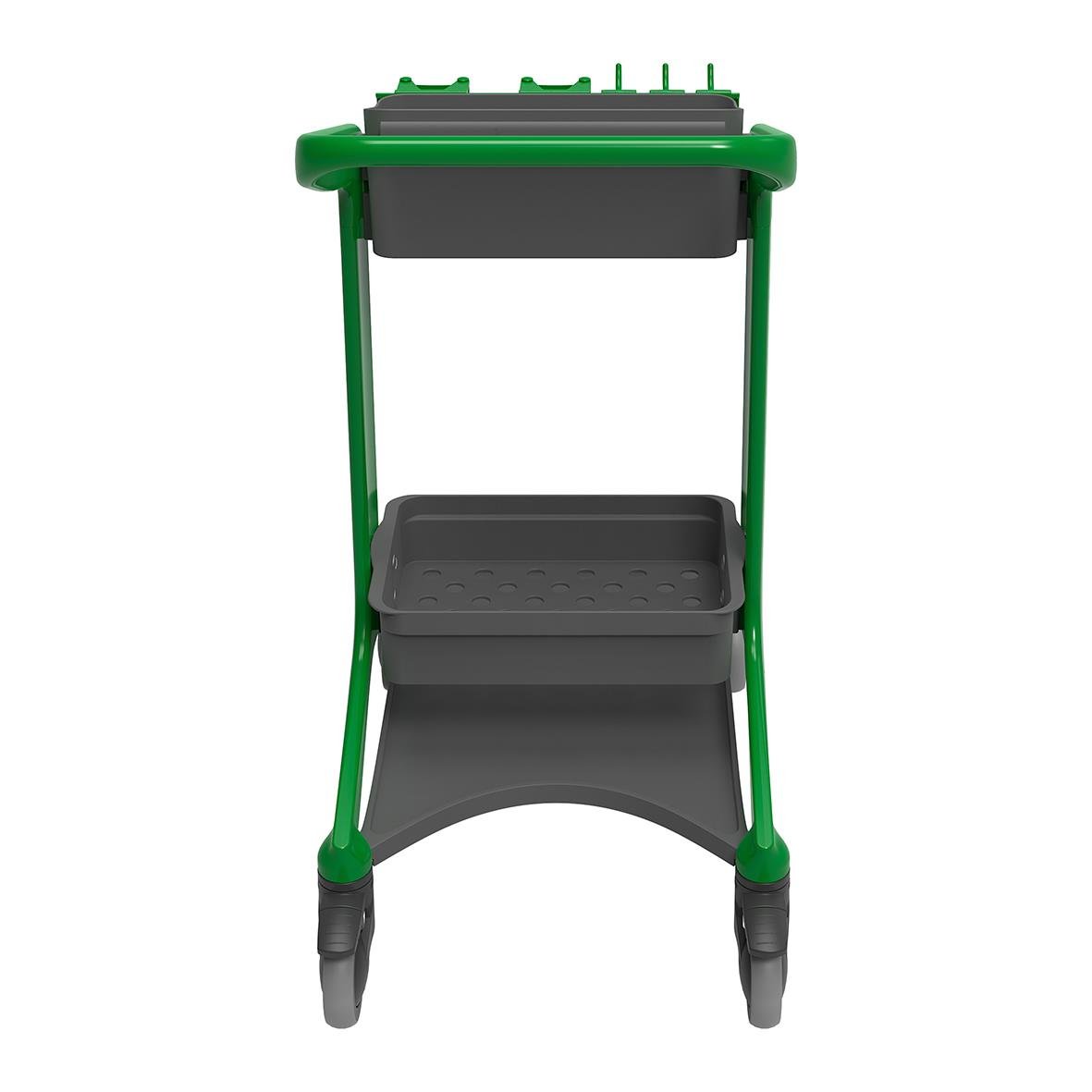 Rengöringsstation Vikan Hygo i grönt med två hyllor och fyra hjul