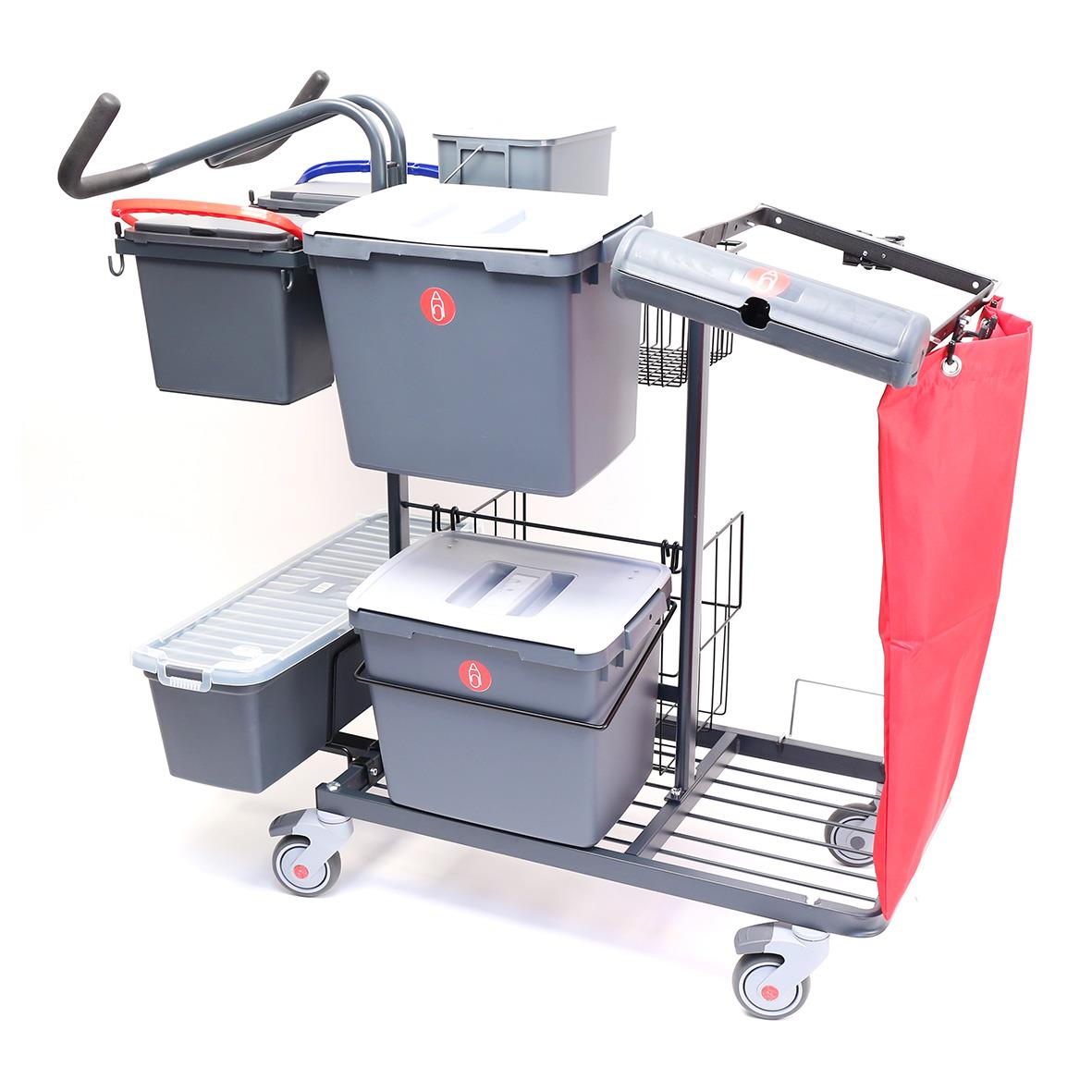Städvagn med flera fack och tillbehör för städning, inklusive mopphållare och förvaringslådor, på hjul för enkel transport