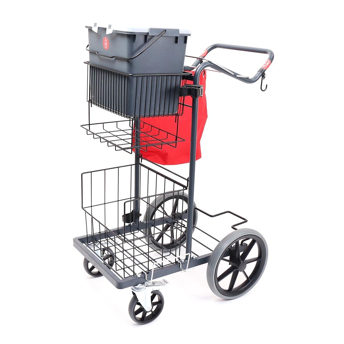 Städvagn med tre korgar, hjul och handtag för städning och förvaring