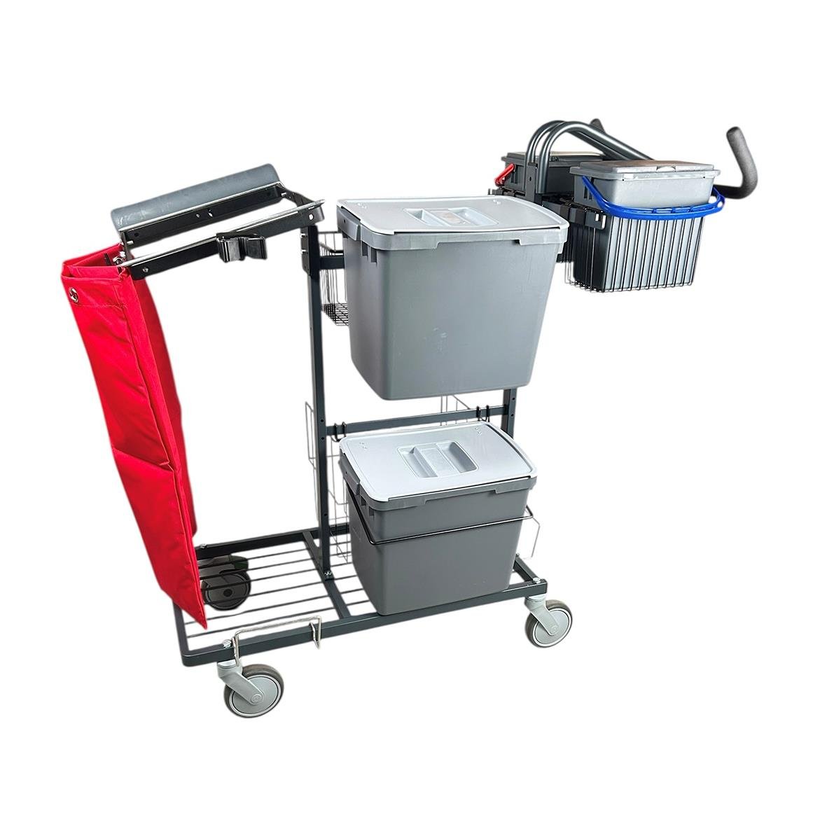 Städvagn AllOffice Maxi Gen 2 med tre behållare, röd förvaringspåse och hjul