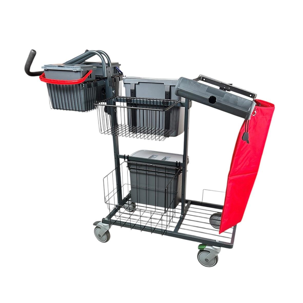 Städvagn AllOffice Maxi Gen 2 med flera korgar och handtag, mått 120x60x112cm