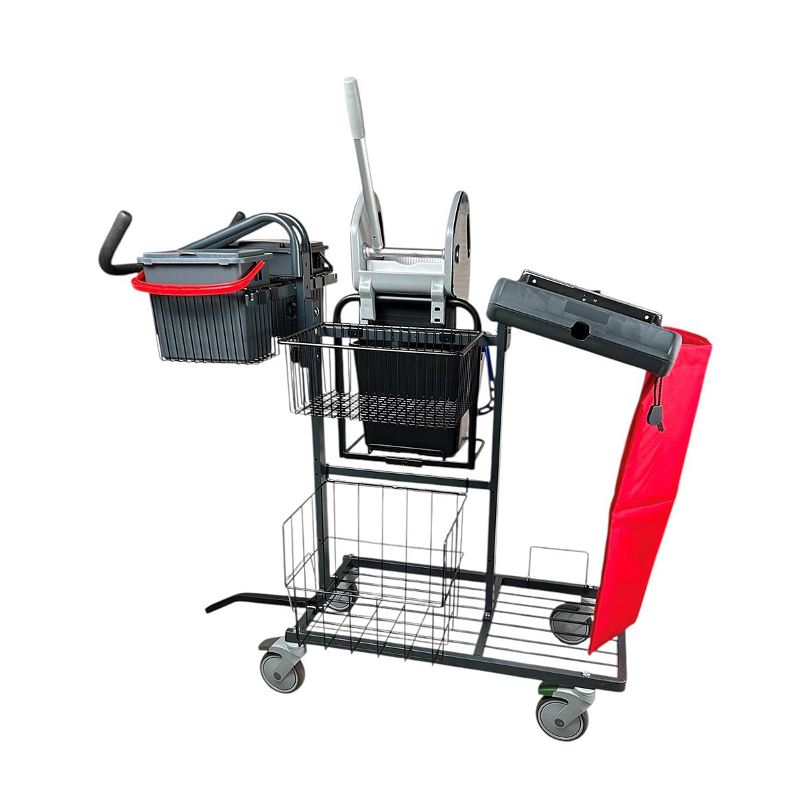 Städvagn AllOffice Maxi Press Gen 2 med olika rengöringsredskap och fack