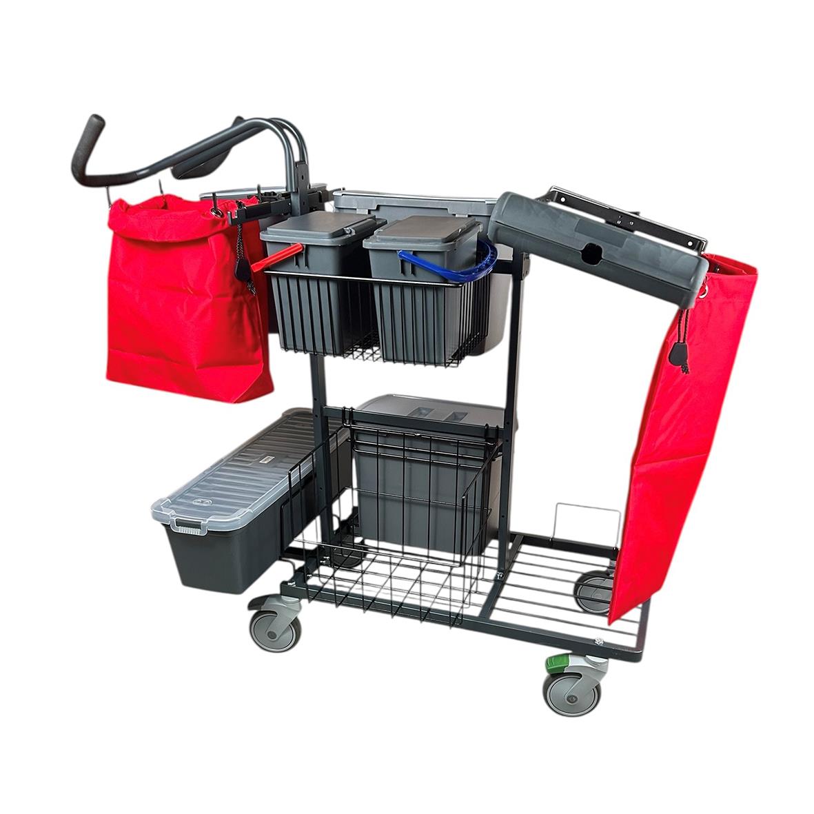 Städvagn AllOffice Maxi Proffs Gen 2 med flera fack och redskap, svart och röd färg, mått 120x68x112cm