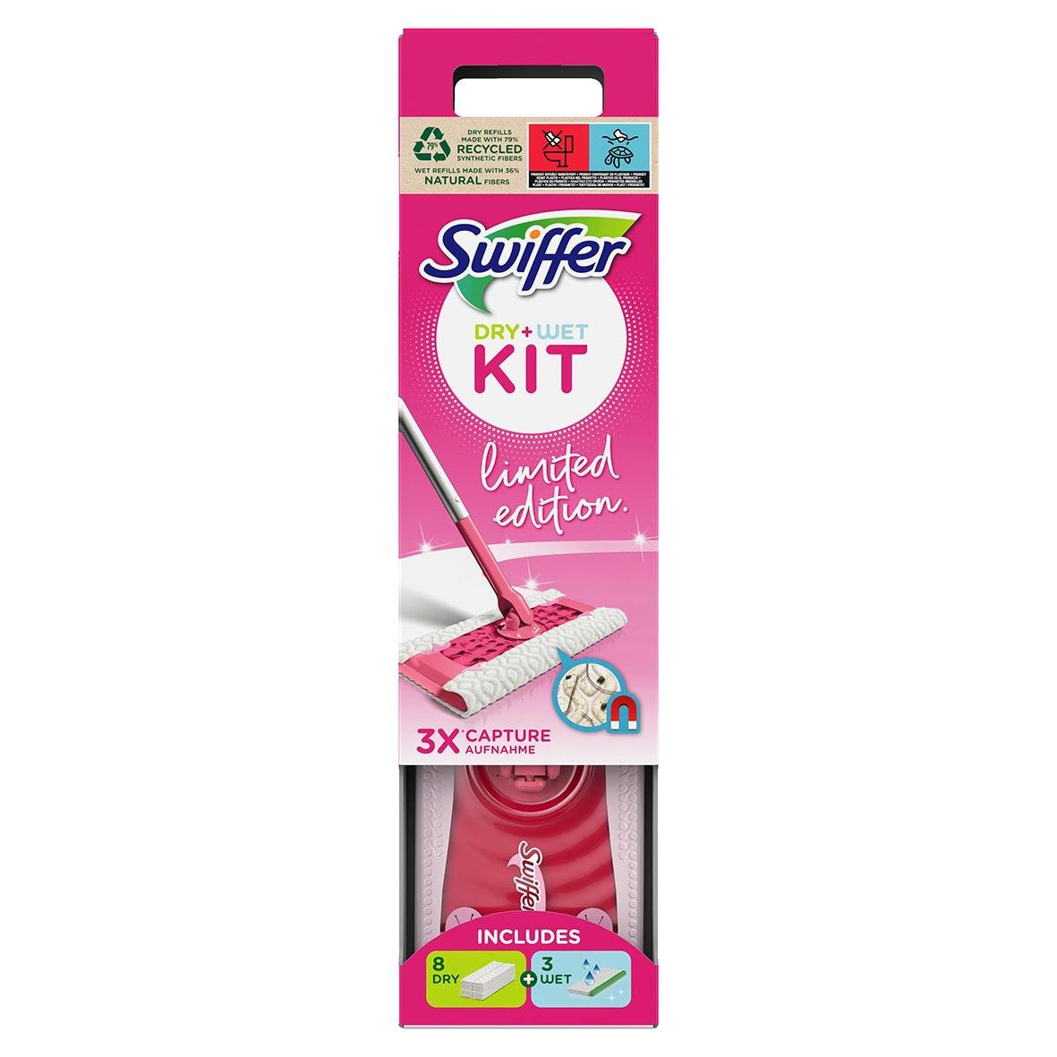 Swiffer golvstartkit med rosa bandet, inkluderar mopp och trasor för torr och våt rengöring