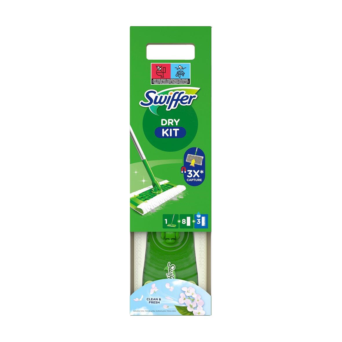 Swiffer torrmopp med grönt förpackning och mopphuvud synligt