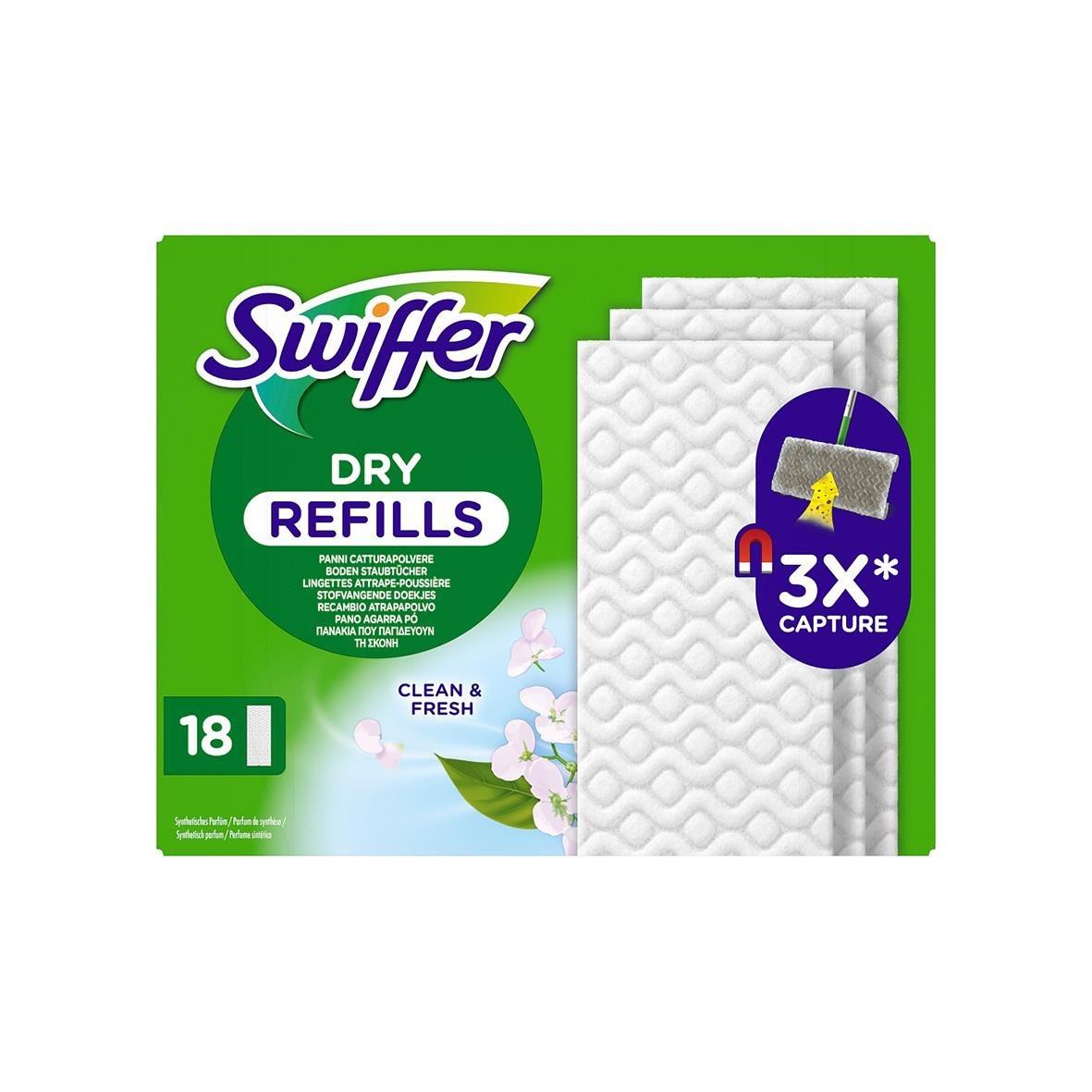Engångsmopp Swiffer Floor Dry Refill med 18 st, för damm och smuts, lätt att använda