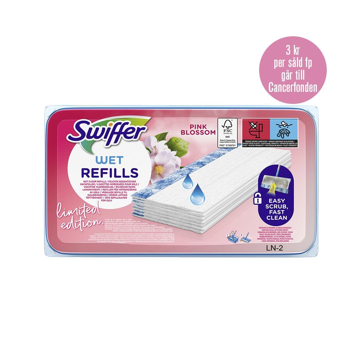 Engångsmopp Swiffer Floor Rosa Bandet Wet Refill med rosa blommor och blöta rengöringsdukar