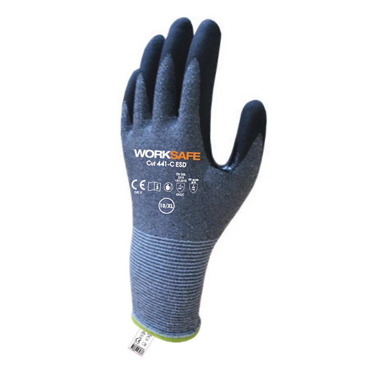 Skärskyddshandske Worksafe Cut 441-C ESD 5 i blå färg med text och symboler