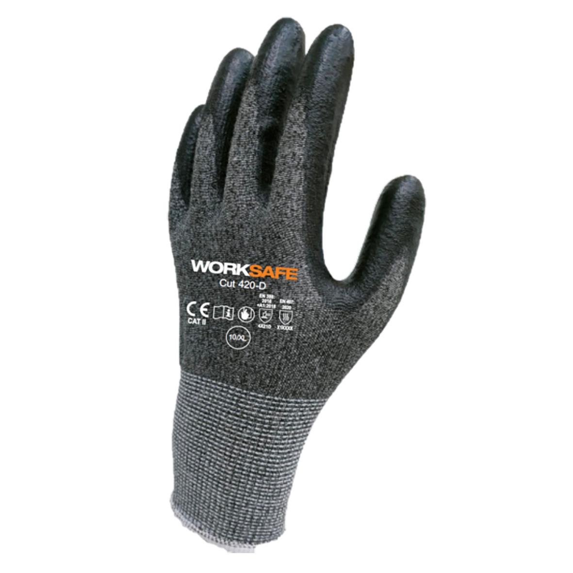 Skärskyddshandske Worksafe Cut 420-D ESD 5 i svart och grå med text och symboler