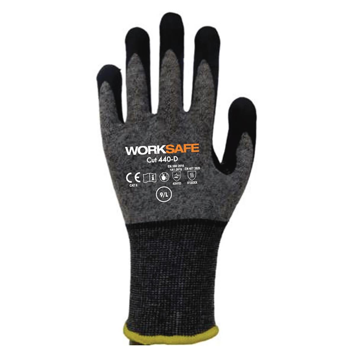 Skärskyddshandske Worksafe Cut 440-D ESD 7 i svart och grå med gul kant