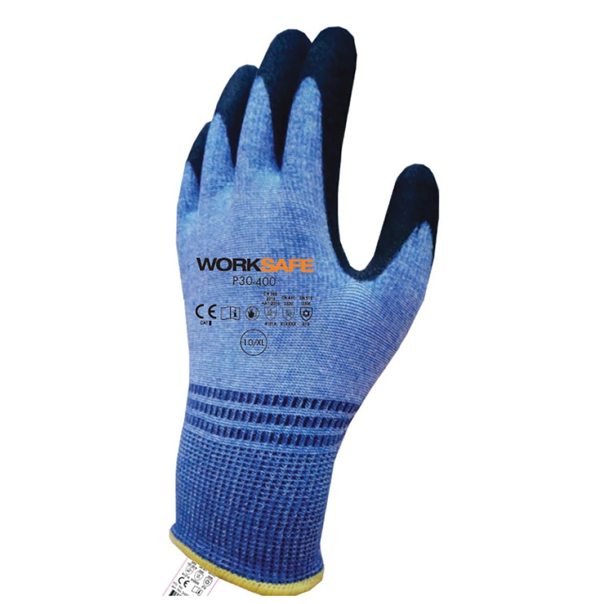 Blå montagehandske Worksafe P30-400 med svart fingertopp och elastisk handled