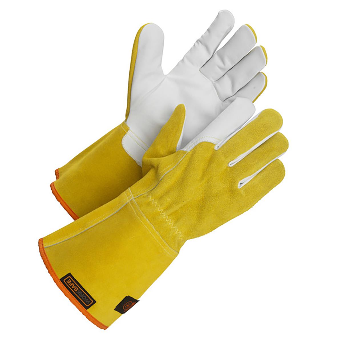 Tigsvetshandske Worksafe Weld 3 11 i gult och vitt med skyddande material