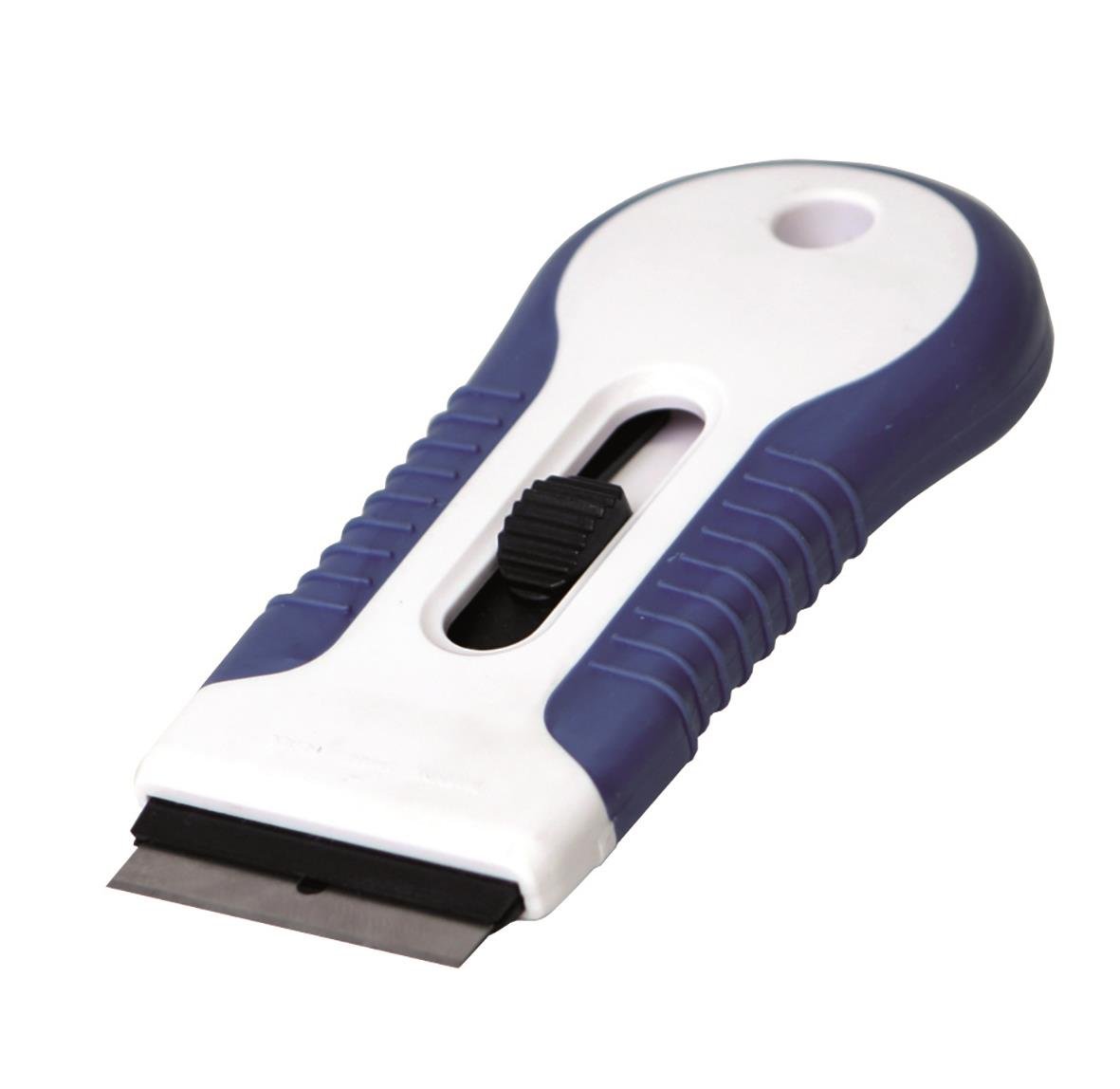 Klickskrapa i blått och vitt med svart skjutreglage