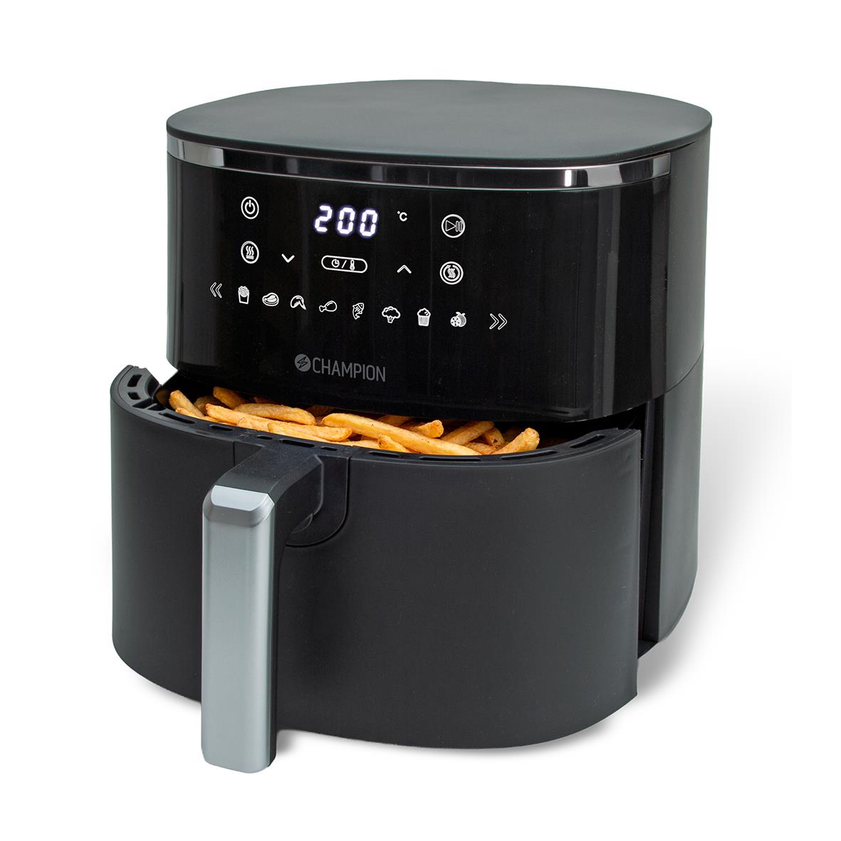 Svart Champion XL airfryer med keramisk beläggning, digital display och utdragen korg med pommes frites