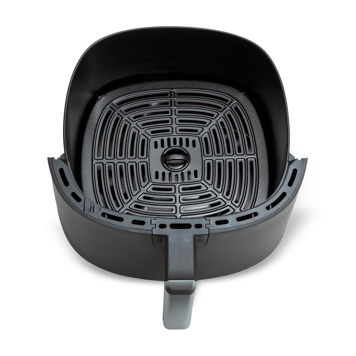 Svart 6-liters airfryer med utdragen keramisk korg och perforerad grillplatta