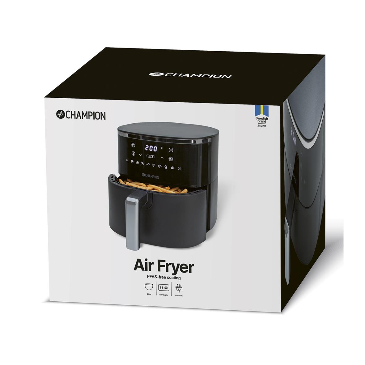 Förpackning med svart Champion Air Fryer XL Ceramic, 1750 W och 6 liters kapacitet