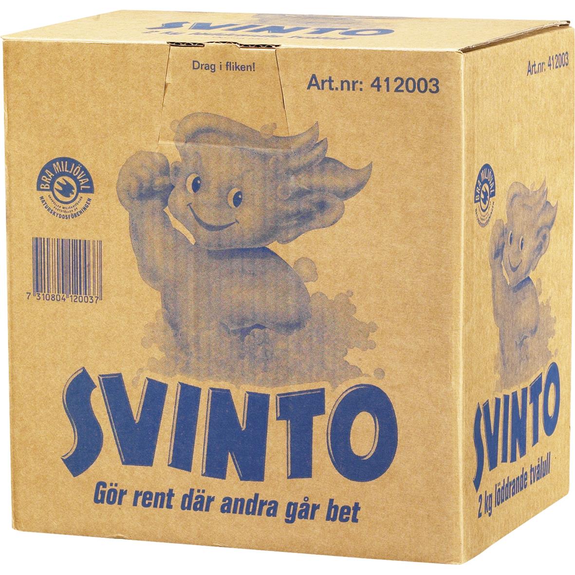 " med Svinto tvålull 2kg, med bild av en glad får i blå och beige färger"