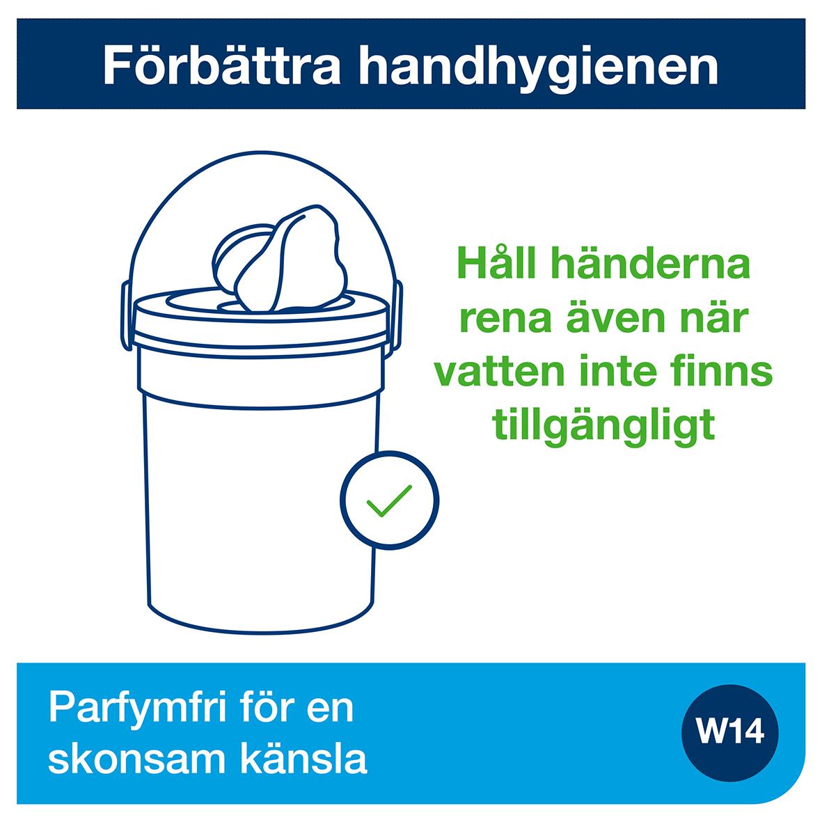Våtduk för handrengöring med instruktion att hålla händer rena även utan vatten, parfymfri för en skonsam känsla