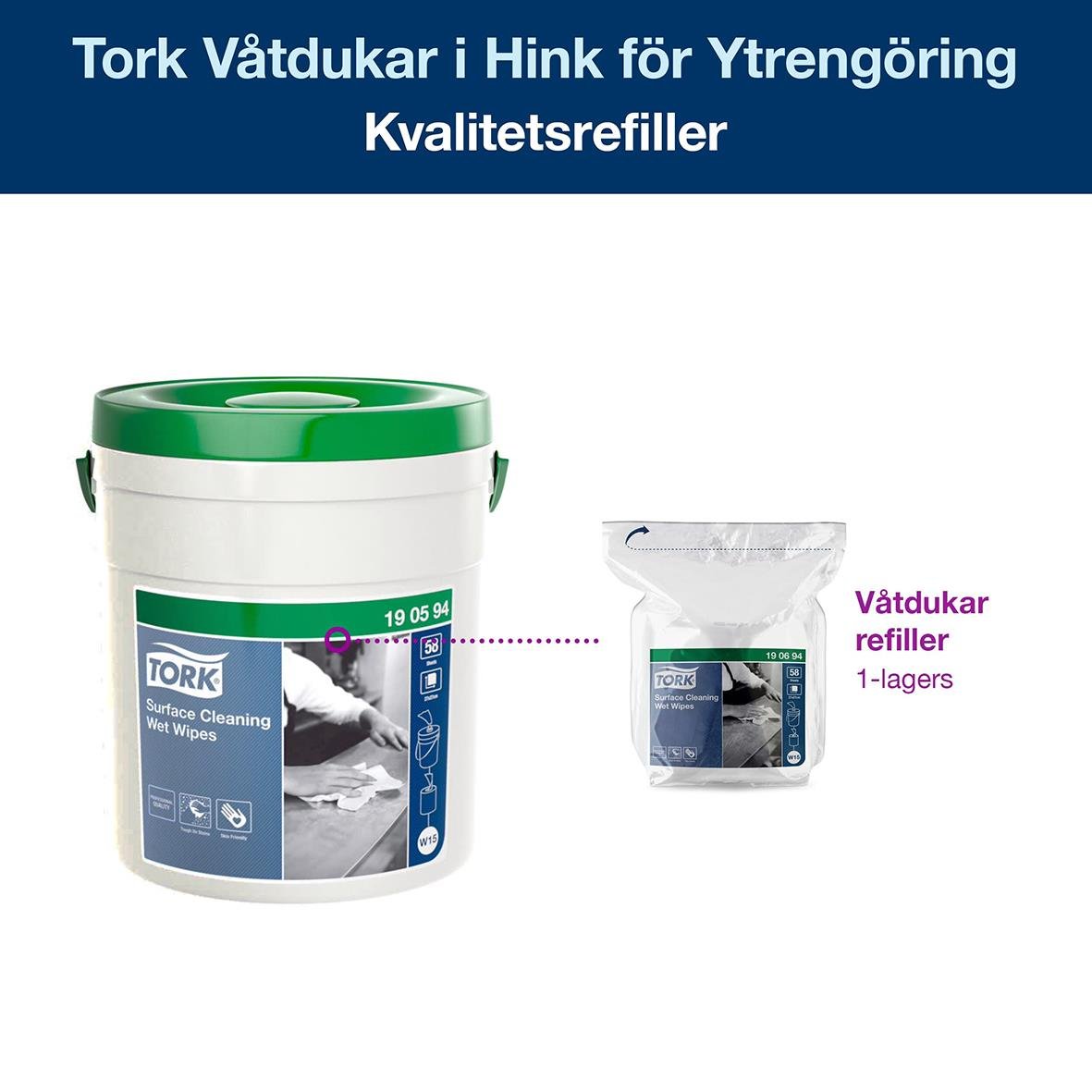 Vit rengöringsduk Tork W15 för yttrengöring, i hink med kvalitetsrefiller