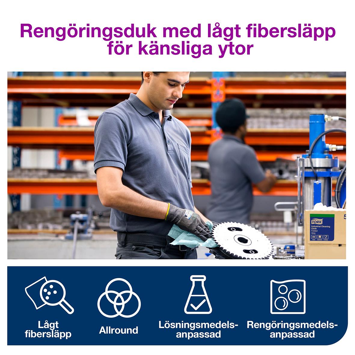 Man använder rengöringsduk med lågt fibersläpp i industriell miljö, för känsliga ytor, 16,5cm x 60m, turkos färg