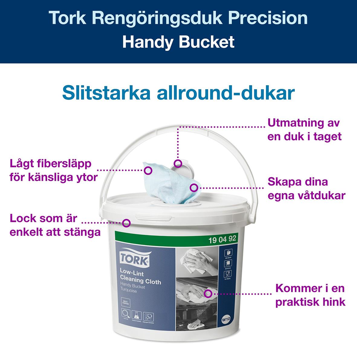 Rengöringsduk Tork W10 Precision Turkos, 16,5cm x 60m, med slitstarka allround-dukar och praktisk hink för enkel användning