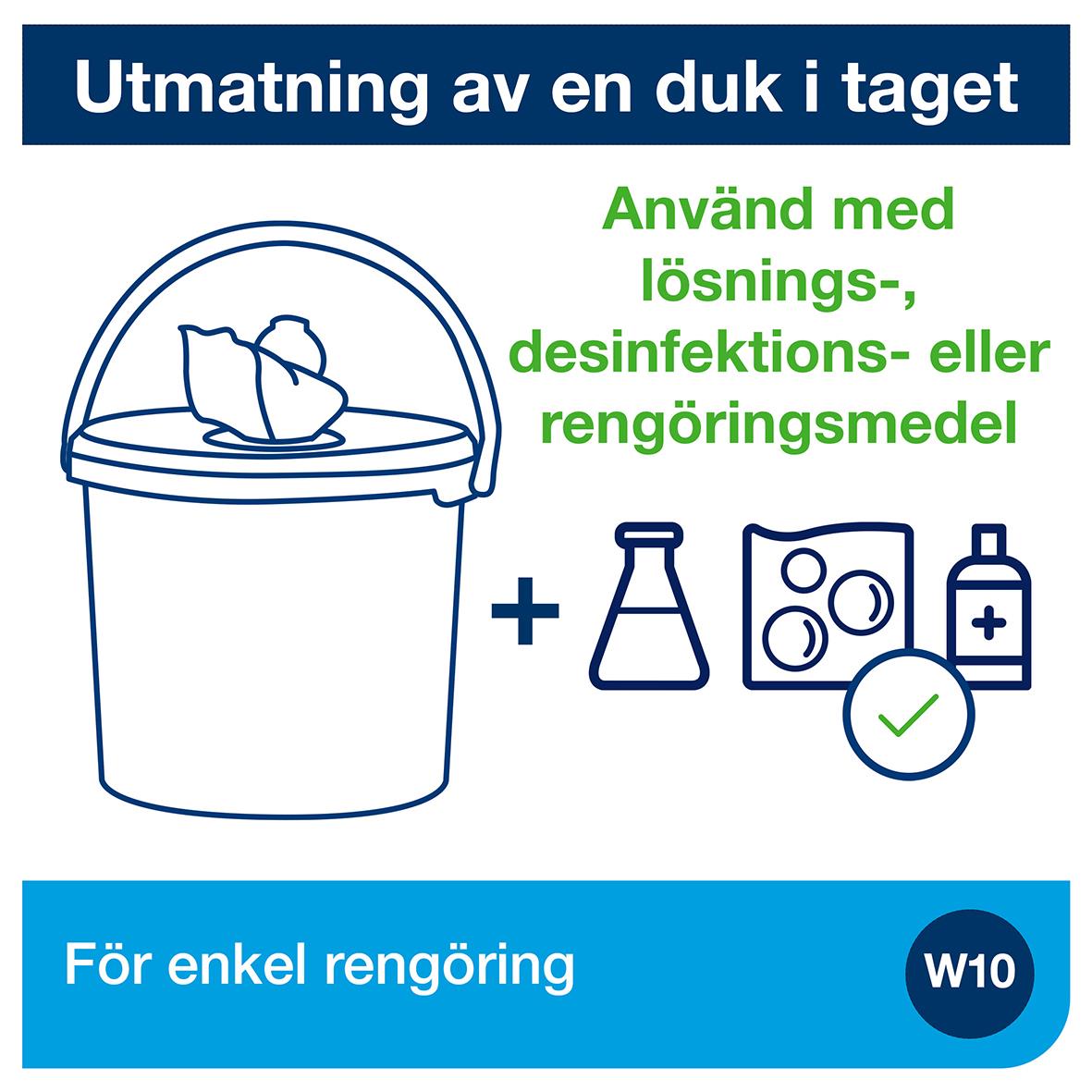 Rengöringsduk Tork W10 Precision Hink Turkos 16,5cm x 60m med illustration av hink och rengöringsmedel
