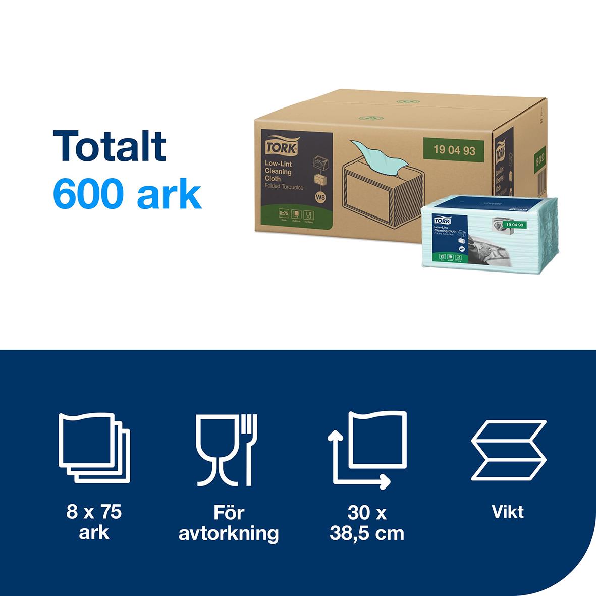 Rengöringsduk Tork W8 Precision Turkos 30x38,5cm, 600 ark, för avtorkning