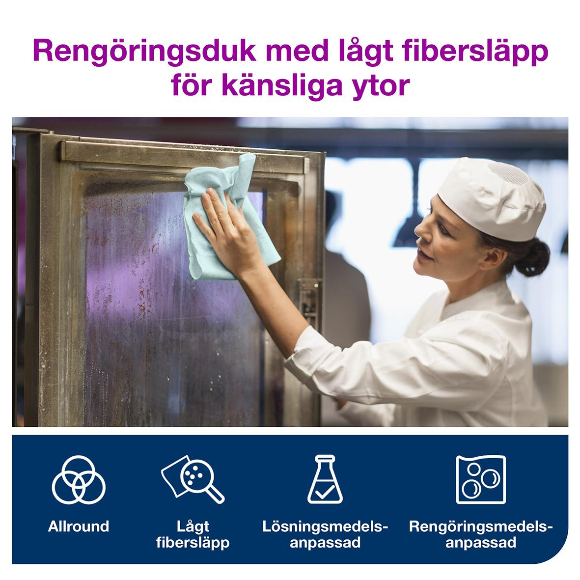 Kvinna rengör glas med turkos mikrofiberskiva, text om låg fibersläpp och rengöringsduk