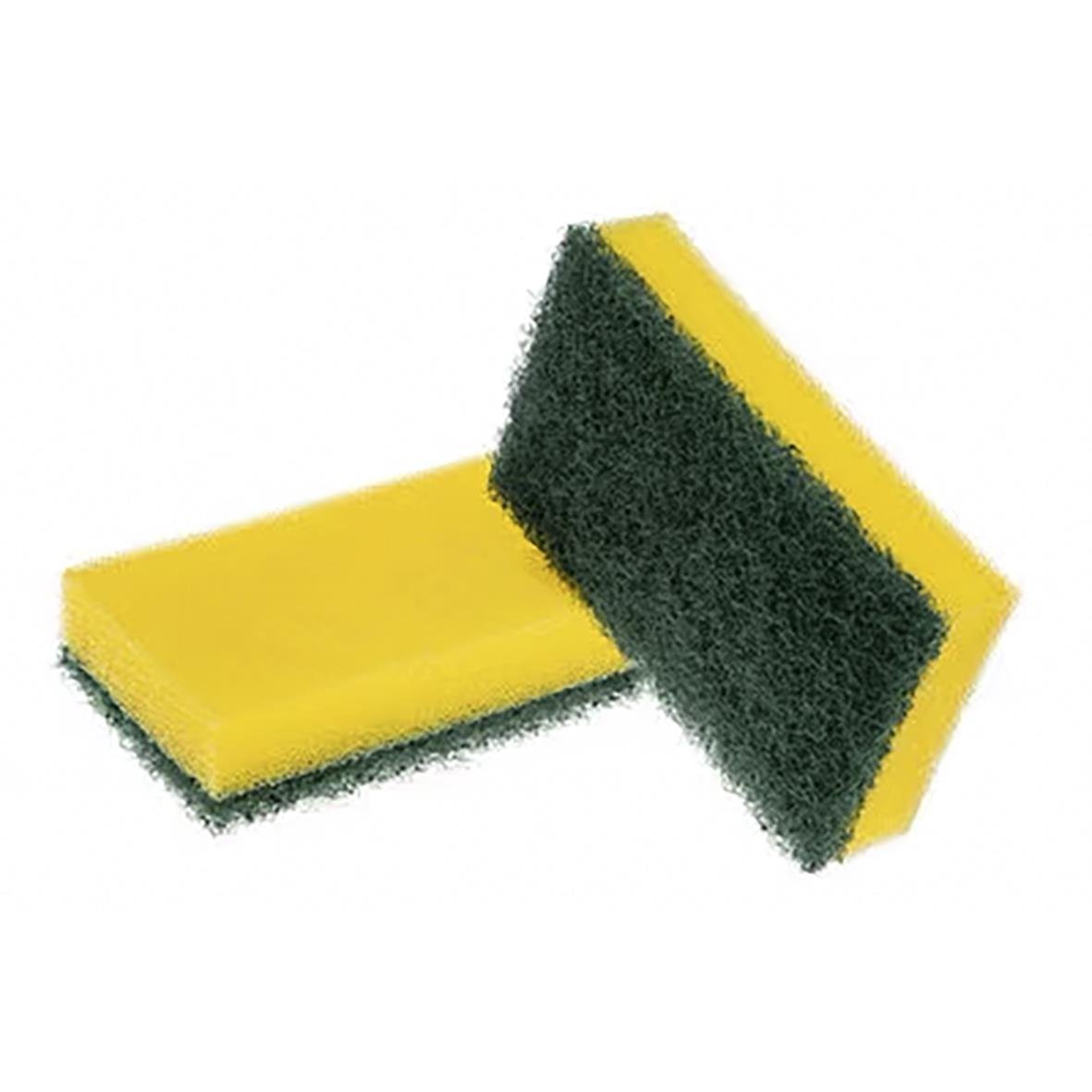 Två gröna Scotch-Brite rengöringssvampar med gula sidor, 7x12 cm
