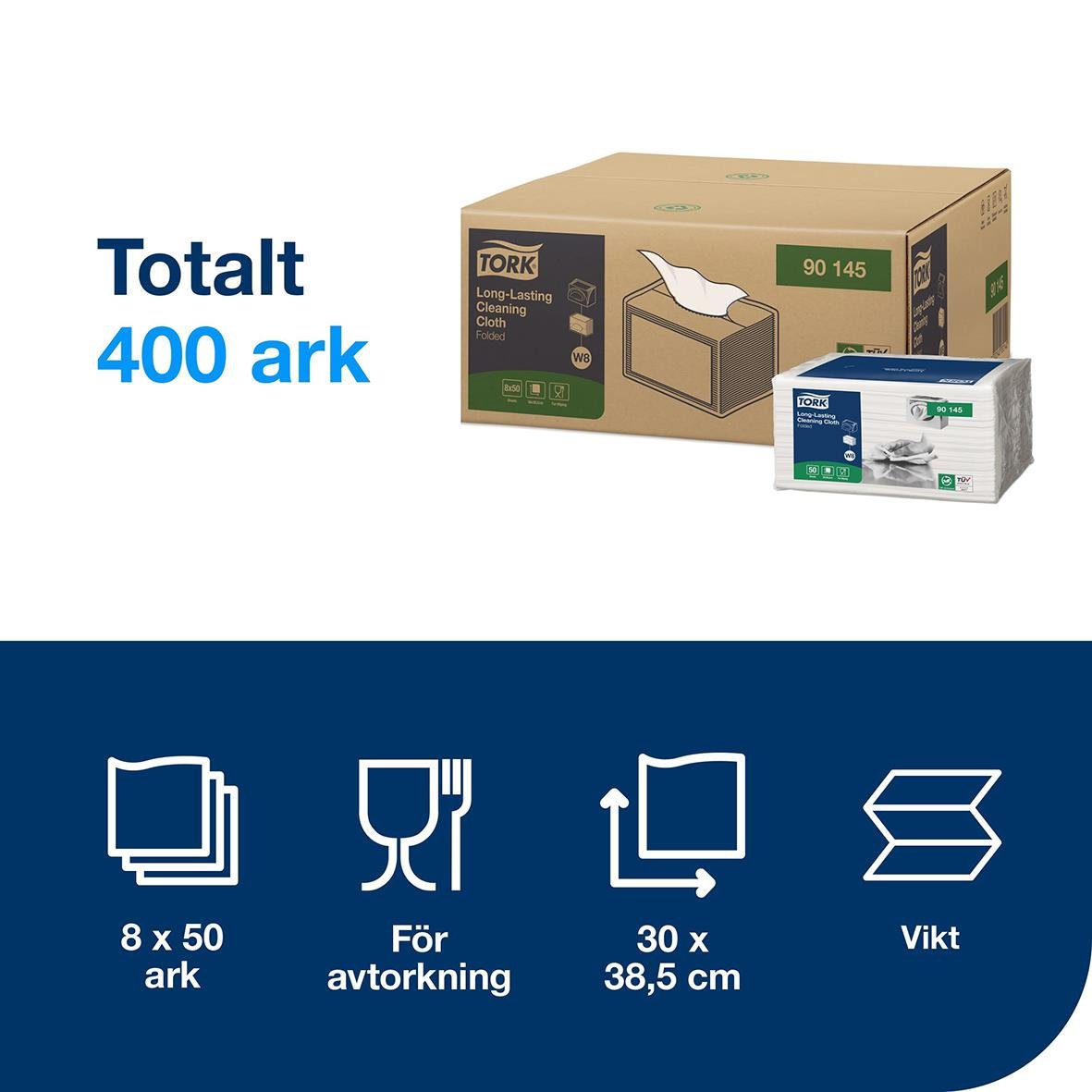 Rengöringsduk Tork W8 slitstark vit 30x38,5cm, 400 ark i förpackning