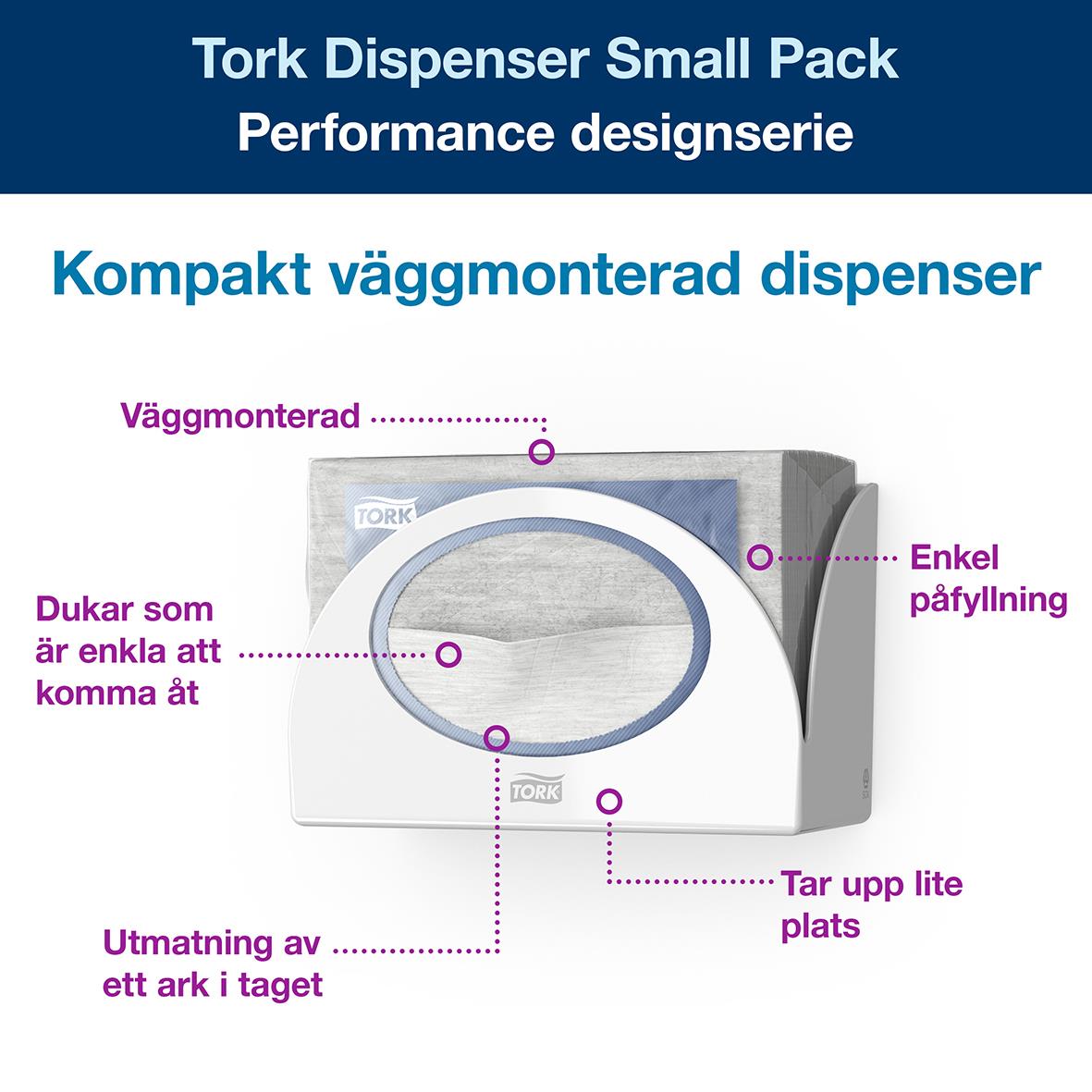 Vit väggmonterad Tork W8 dispenser för små förpackningar med enkel påfyllning och lätt att komma åt