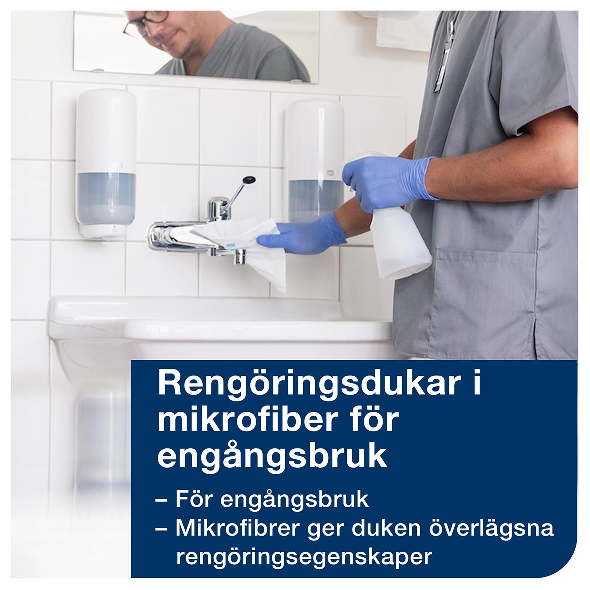 Vit mikrofiberduk för engångsbruk 29,5x34cm, används för rengöring i medicinska miljöer, ger överlägsna rengöringsegenskaper