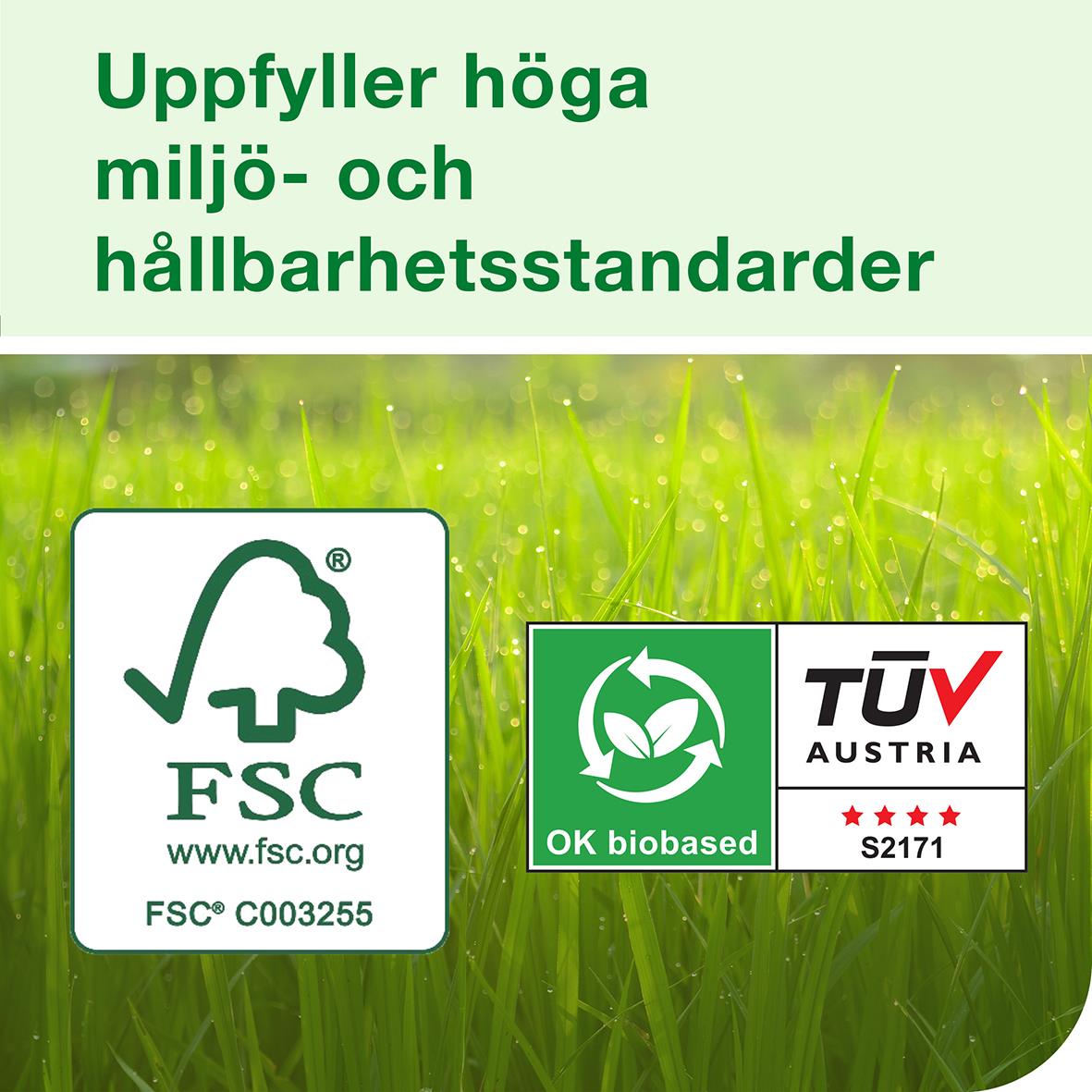 Miljömärkt rengöringsduk med FSC och biobaserad märkning, grönt gräsbakgrund