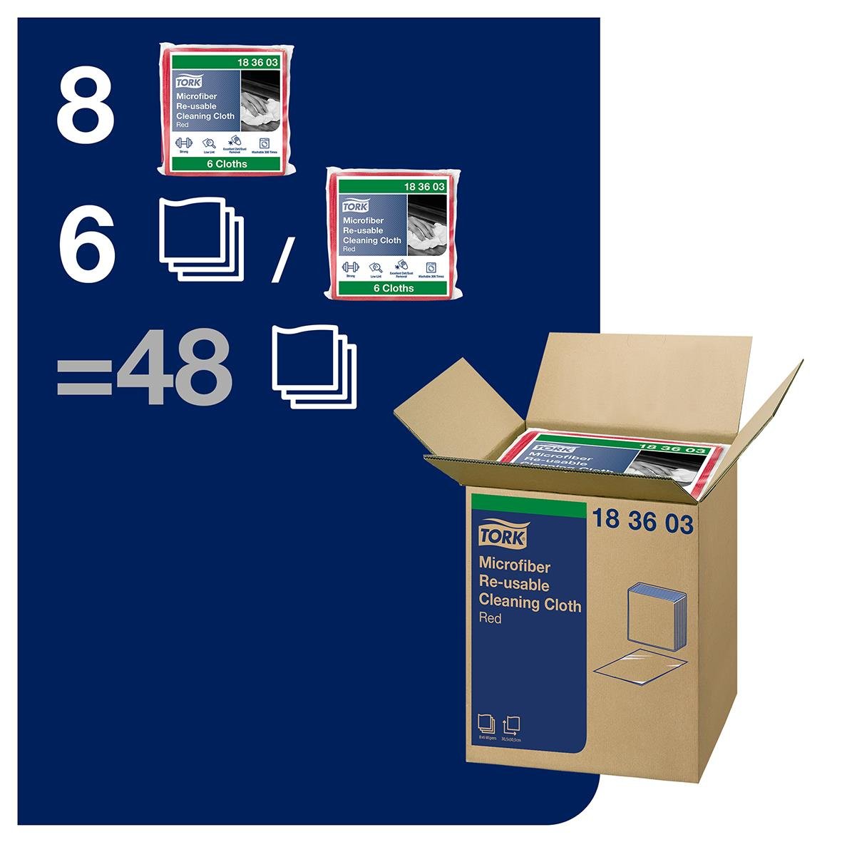 Röd mikrofiberduk för återanvändning, 30,5x30,5cm, i förpackning med 48 stycken