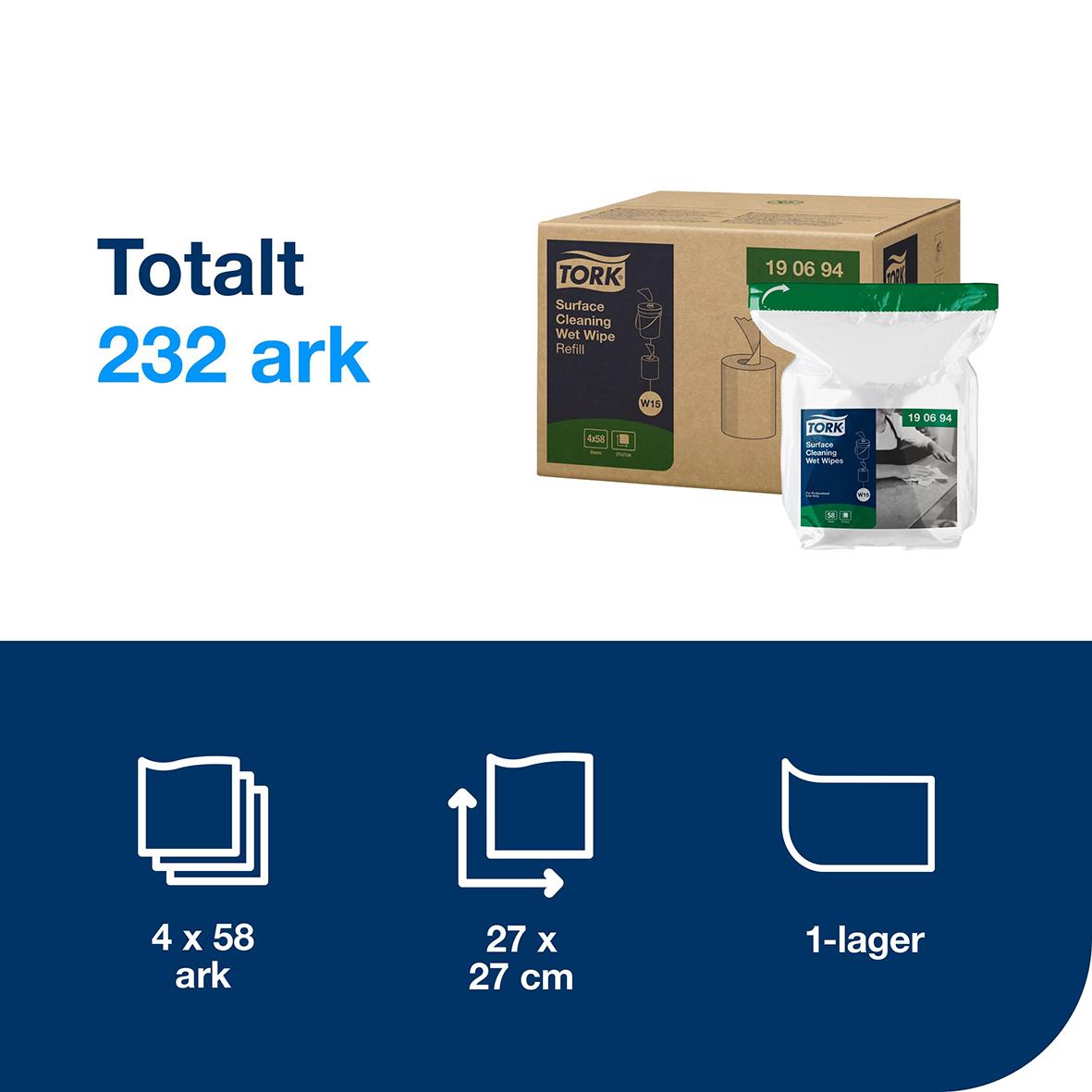 Refill Tork W15 våtdukar för ytrengöring, 232 ark, 4 paket med 58 ark, 27x27 cm, 1-lager