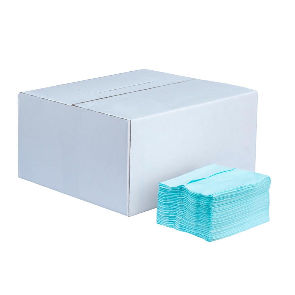 Torkpapper InduWipe Pro Z-Fold Turkos 35x30cm i vit kartong med turkosa papper framför