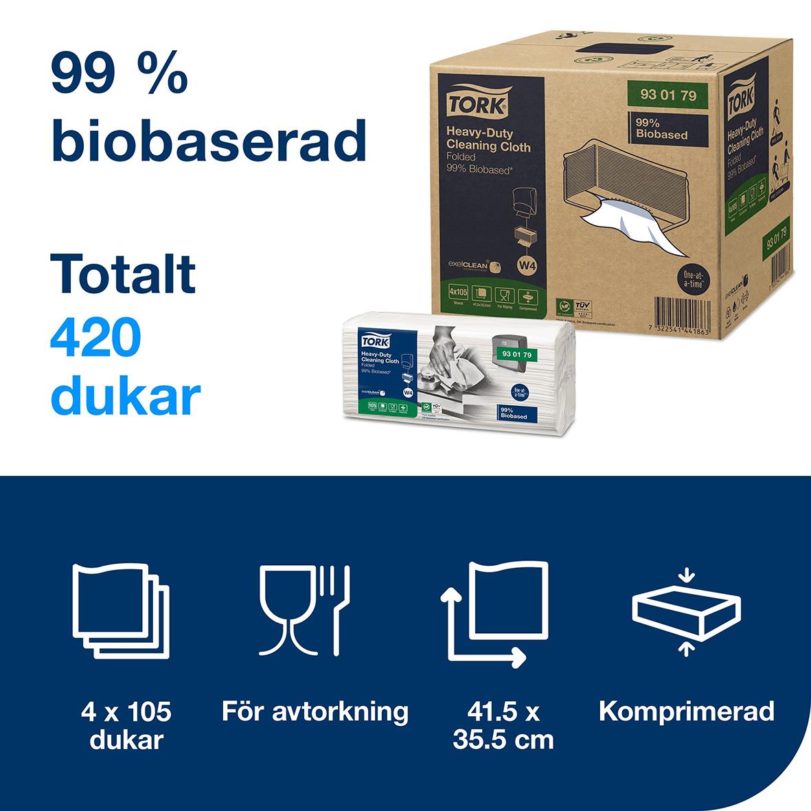 Rengöringsduk Tork W4 Kraftig 99% biobaserad, vit, 36x42cm, 420 dukar, för avtorkning, komprimerad.