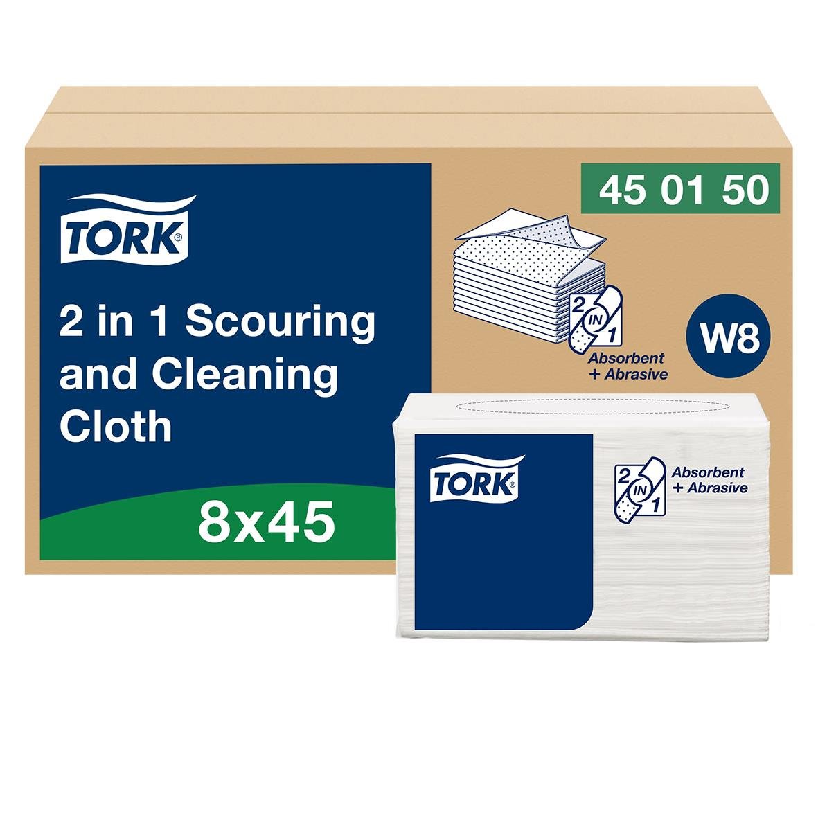 Rengöringsduk Tork W8 2 i 1 vit, 19,3x15cm, för absorbent och slipande rengöring, i förpackning med 8x45 dukar