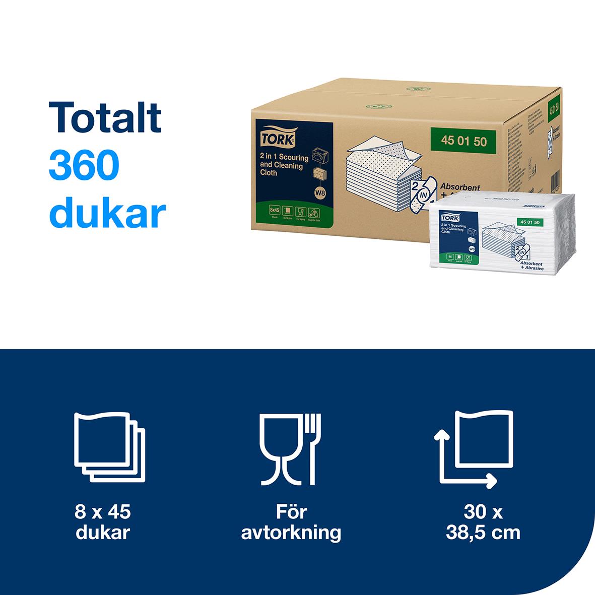 Rengöringsduk Tork W8 2 in 1 vit, 19,3x15cm, 360 dukar i förpackning, för avtorkning, 8x45 dukar