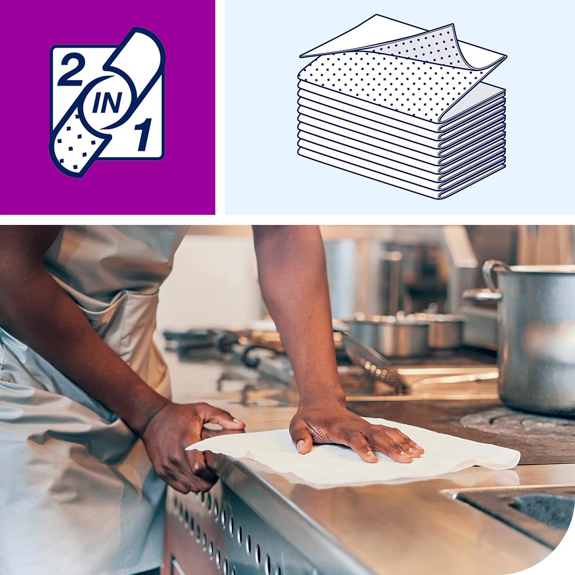 Rengöringsduk Tork W8 2 in 1 vit, 19,3x15cm, används för rengöring i kök, visad på person som torkar en yta