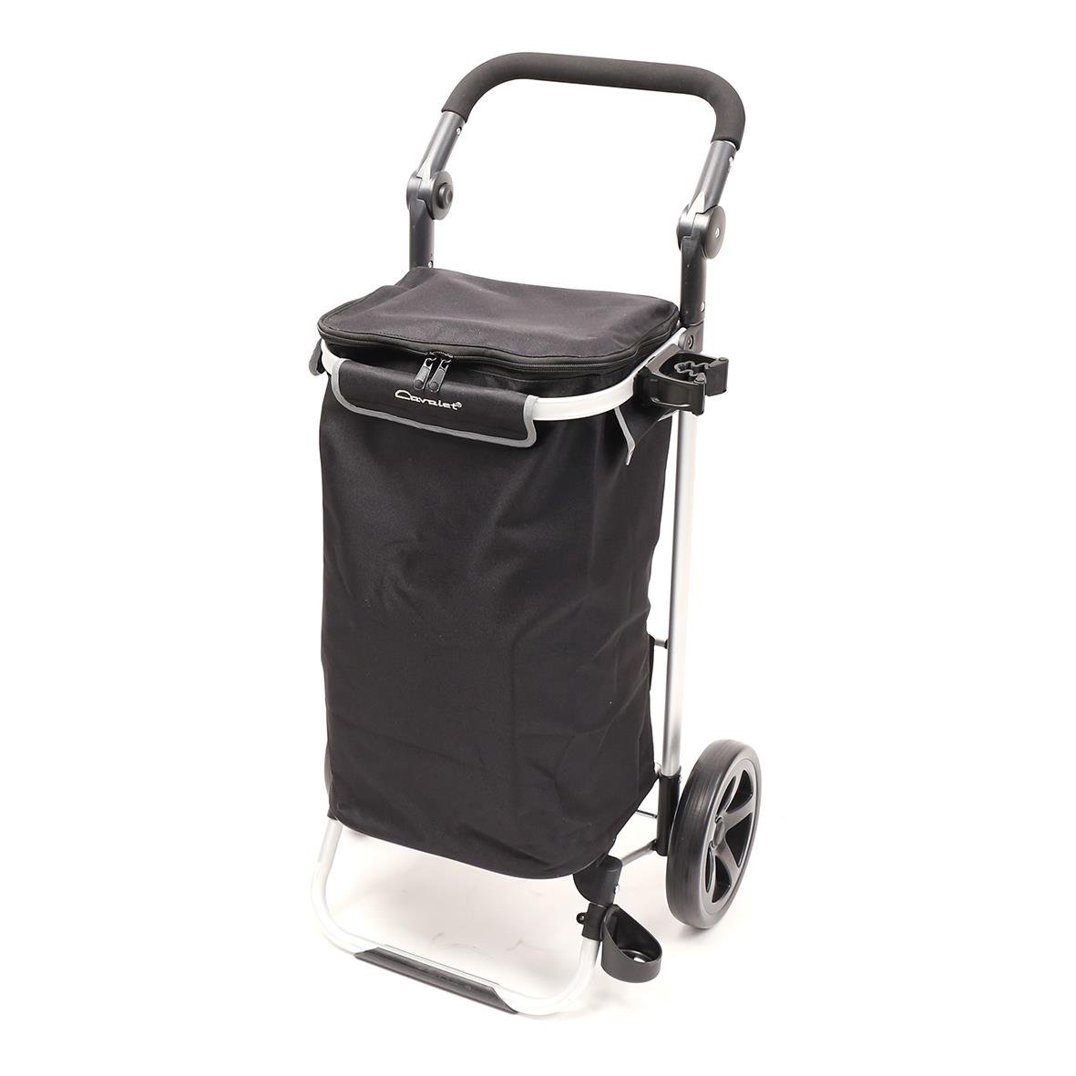 " med svart tyg, handtag och två hjul för enkel förflyttning"