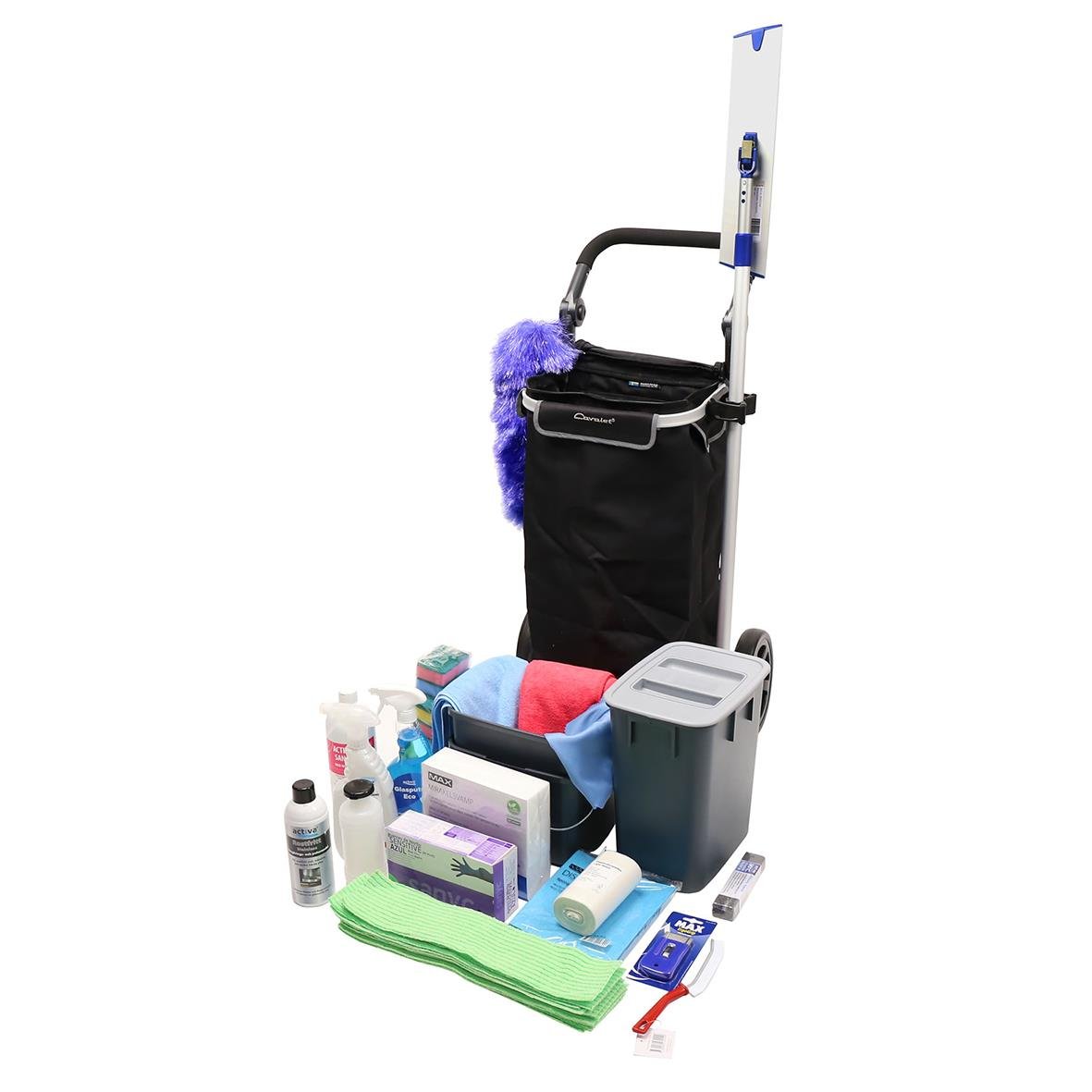 Städvagn med rengöringsutrustning och tillbehör inklusive moppar, rengöringsmedel och trasor