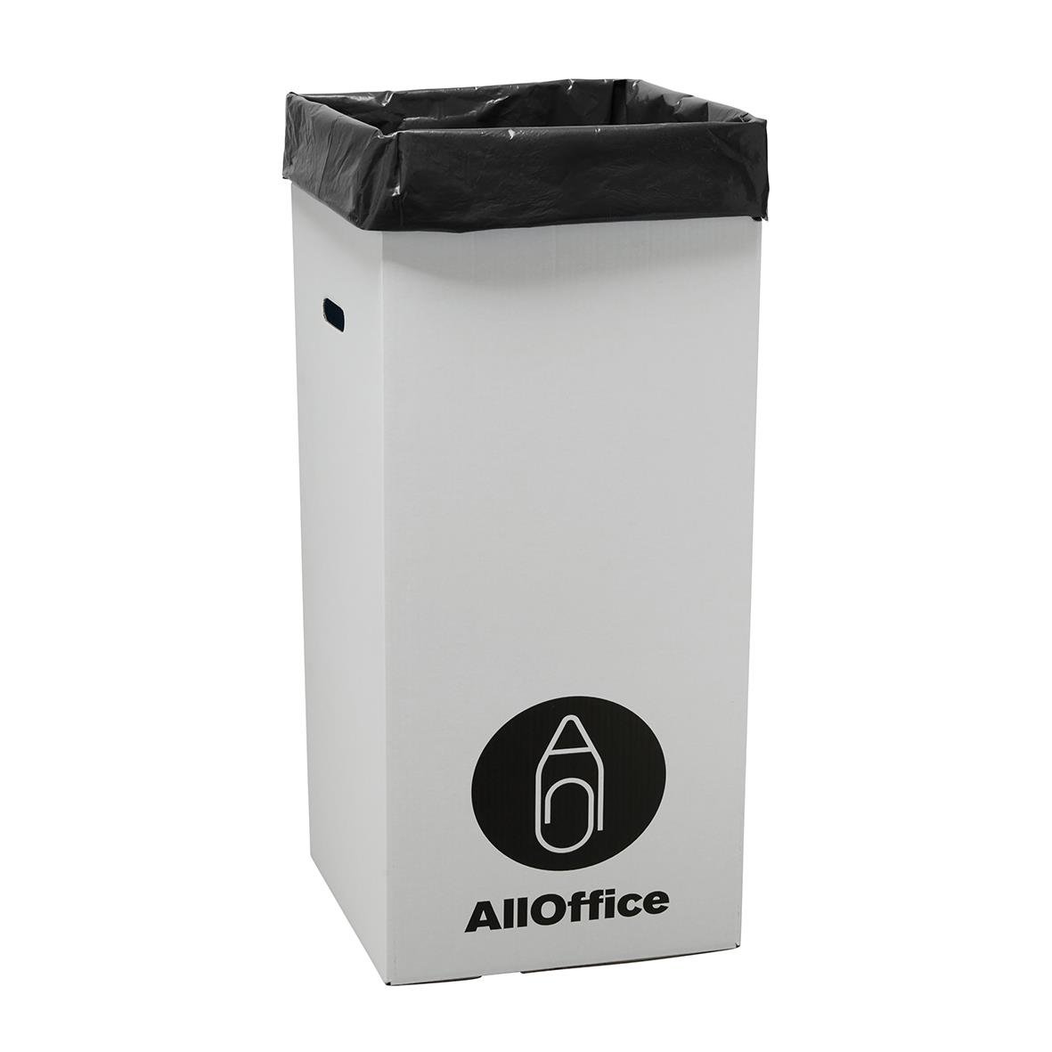 Vit papperskorg med svart plastpåse och AllOffice-logga, mått 360x360x745mm