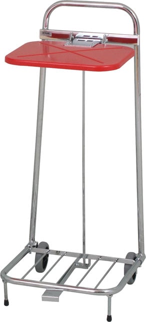 Sopsäckvagn med lock och pedal, 60L, röd plastskiva och stålram