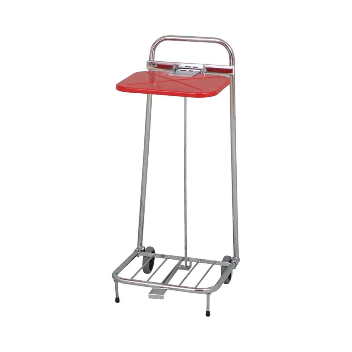 Sopsäckvagn med lock och pedal, 60L, röd plastskiva och stålram